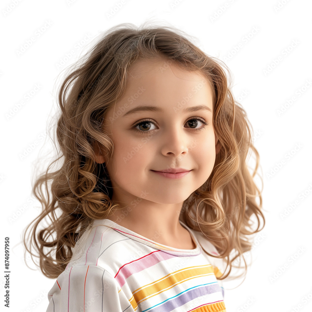 Smiling girl with curly hair wearing a striped shirt, isolated on transparent background. Smiling girl with curly hair wearing a striped shirt, isolated on transparent background.