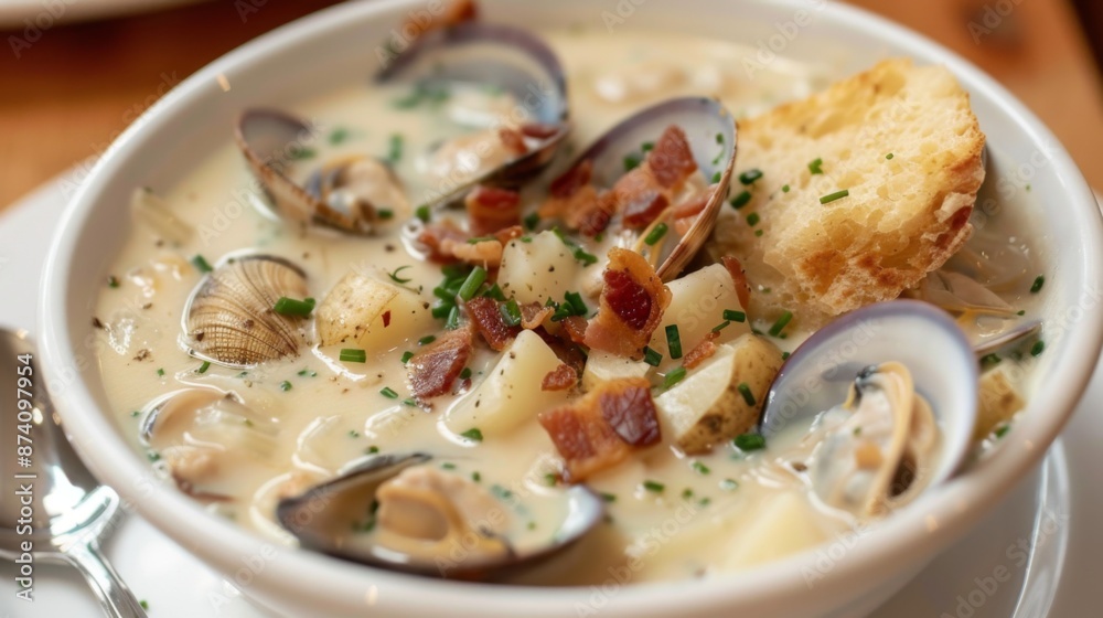 A bowl of creamy New England clam chowder soup with tender clams, potatoes, and crispy bacon bits. A bowl of creamy New England clam chowder soup with tender clams, potatoes, and crispy bacon bits.