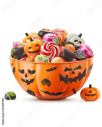 A Halloween candy bowl, festive element, photorealistic, assorted candies, isolated on white background, photo