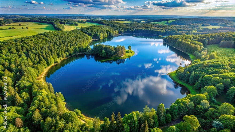 Aerial view of a serene lake surrounded by greenery and reflections of the sky , aerial, view, lake, water Aerial view of a serene lake surrounded by greenery and reflections of the sky , aerial, view, lake, water
