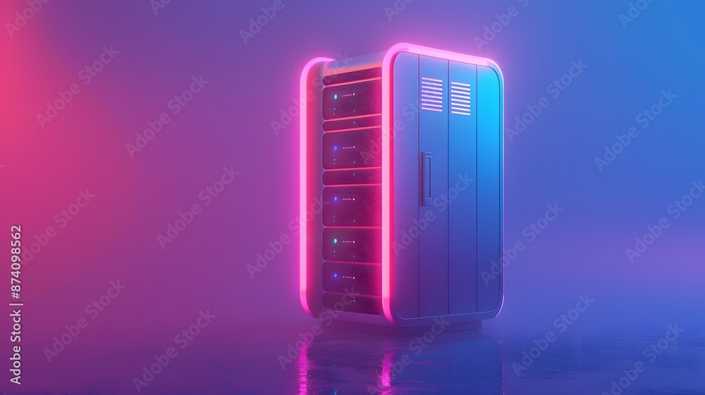 Futuristic server rack with vibrant neon lights, showcasing modern data technology in a misty, high-tech environment. Futuristic server rack with vibrant neon lights, showcasing modern data technology in a misty, high-tech environment.
