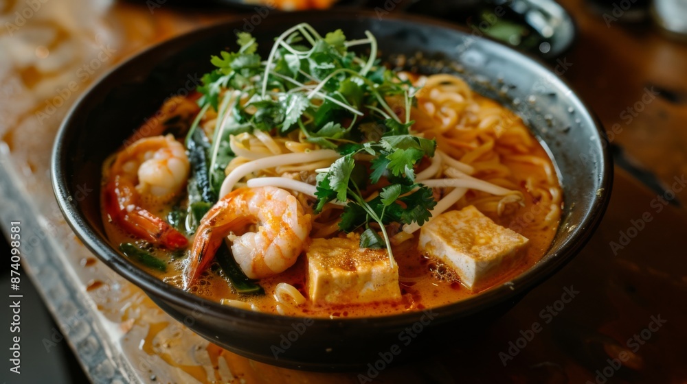A bowl of Malaysian laksa, a spicy noodle soup with coconut milk, shrimp, tofu puffs, and fresh herbs. A bowl of Malaysian laksa, a spicy noodle soup with coconut milk, shrimp, tofu puffs, and fresh herbs.