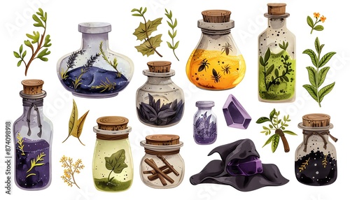 A witchs brew ingredients, Halloween set, vector design, jars and herbs, isolated on white background,
