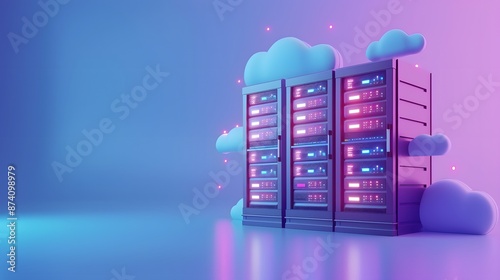 Futuristic server racks with neon lights and cloud icons, symbolizing cloud computing and data storage in a modern digital environment.