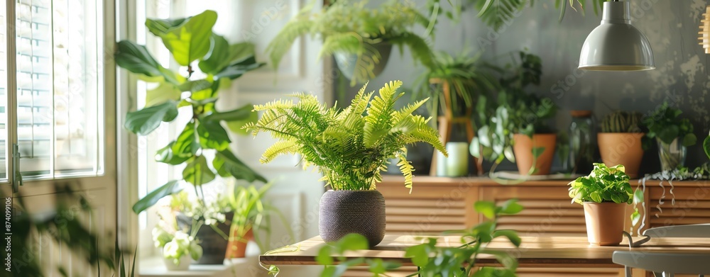 Dining room with a variety of decorative plants on the sideboard and windowsill, soft evening light, creating a warm ambiance, ample copy space Dining room with a variety of decorative plants on the sideboard and windowsill, soft evening light, creating a warm ambiance, ample copy space