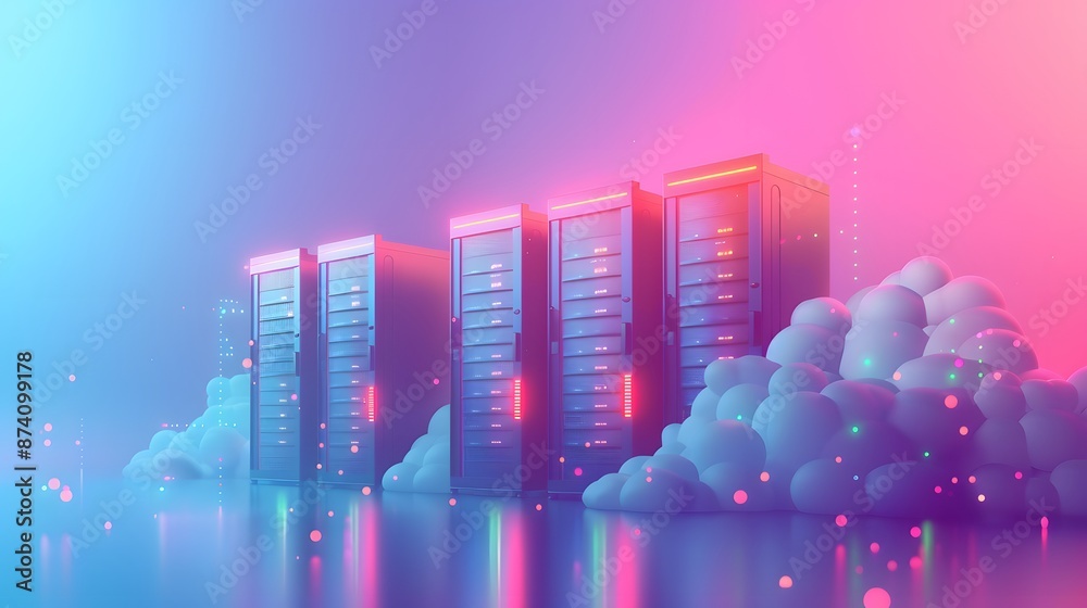 Fototapeta premium Futuristic server room in the clouds with colorful neon lights and abstract digital elements, representing data storage and cloud computing.