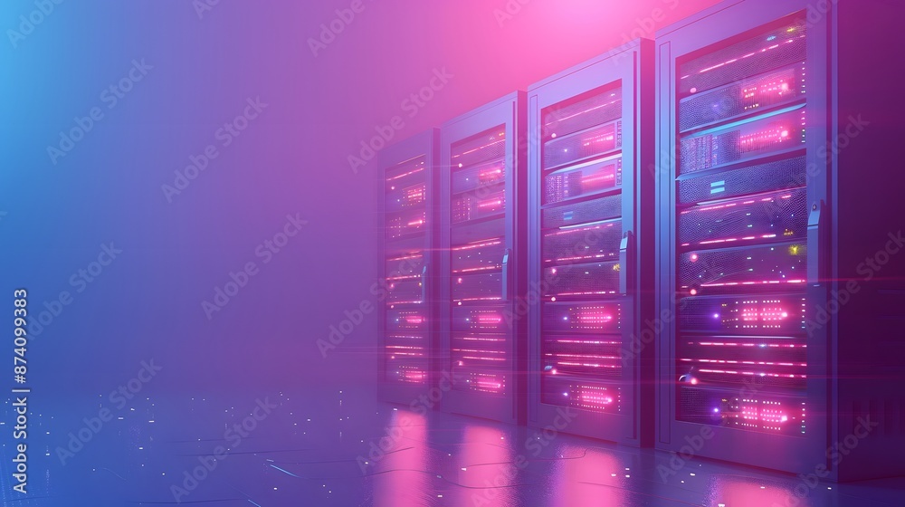 Futuristic server room with glowing lights and modern technology. High-tech data center with racks and network hardware. Futuristic server room with glowing lights and modern technology. High-tech data center with racks and network hardware.