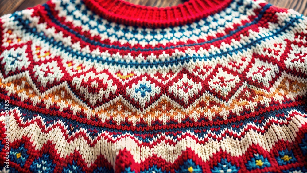 A close-up shot of traditional Nordic knitting patterns in vibrant colors on a cozy winter sweater , Nordic, threads A close-up shot of traditional Nordic knitting patterns in vibrant colors on a cozy winter sweater , Nordic, threads