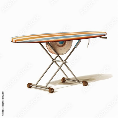 A striped ironing board with a cord storage compartment stands on wheels against a white background.