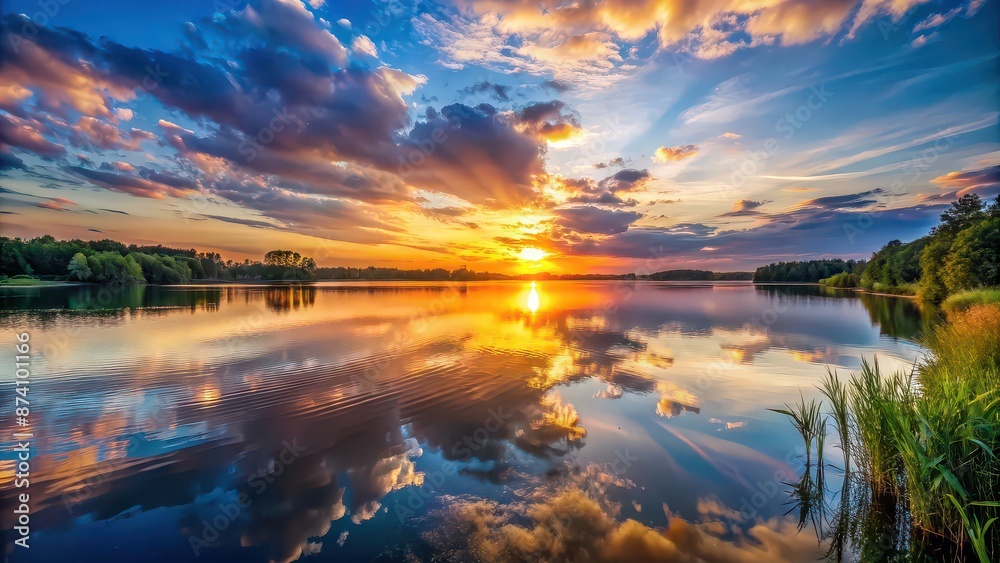 Beautiful sunset on a tranquil lake in nature, sunset, lake, reflection, water, sky, clouds, peaceful, serene, dusk, evening Beautiful sunset on a tranquil lake in nature, sunset, lake, reflection, water, sky, clouds, peaceful, serene, dusk, evening