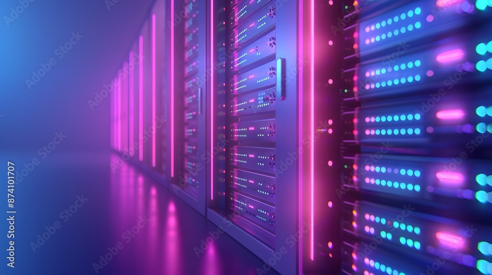 Modern data center with glowing LED lights on server racks, showcasing advanced technology infrastructure in a sleek environment. Modern data center with glowing LED lights on server racks, showcasing advanced technology infrastructure in a sleek environment.