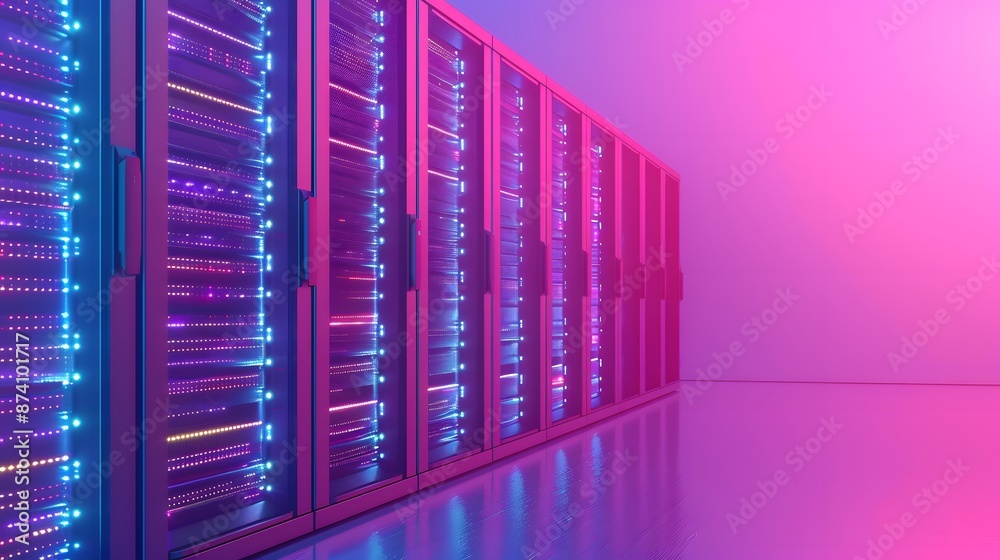 Obraz premium Modern data center with glowing lights and racks of servers under vibrant pink and blue ambient lighting.