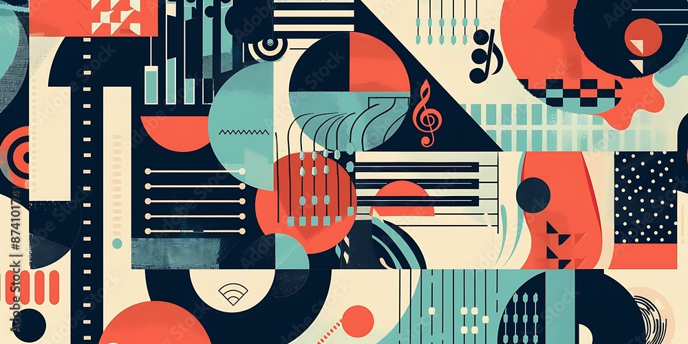 A retro poster with bold geometric shapes and contrasting colors, such as circles, squares and lines forming patterns resembling musical instruments A retro poster with bold geometric shapes and contrasting colors, such as circles, squares and lines forming patterns resembling musical instruments