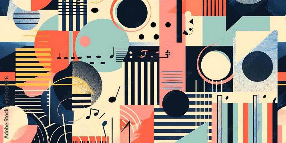 A retro poster with bold geometric shapes and contrasting colors, such as circles, squares and lines forming patterns resembling musical instruments A retro poster with bold geometric shapes and contrasting colors, such as circles, squares and lines forming patterns resembling musical instruments