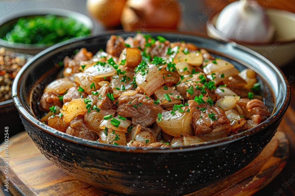A bowl of traditional English tripe, served with onions and white sauce. A bowl of traditional English tripe, served with onions and white sauce.