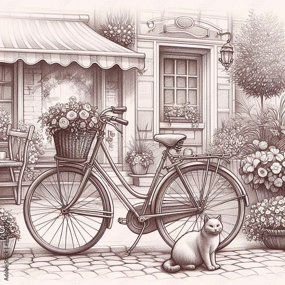 Cosy yard with a bicycle and a cat Cosy yard with a bicycle and a cat