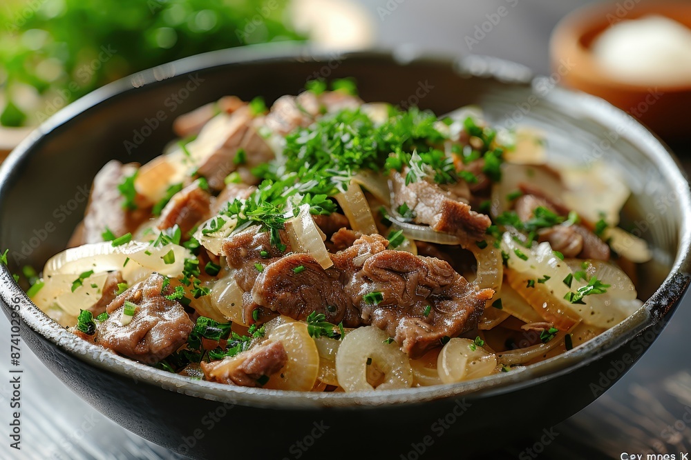 A bowl of traditional English tripe, served with onions and white sauce. A bowl of traditional English tripe, served with onions and white sauce.