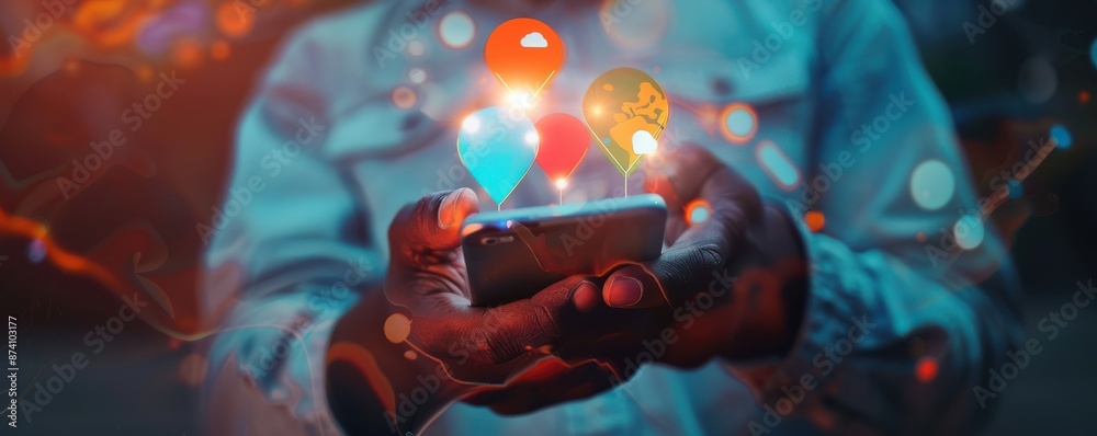 African American hand holding a smartphone with a map and location icon. Modern technology and navigation. Free copy space for text. African American hand holding a smartphone with a map and location icon. Modern technology and navigation. Free copy space for text.