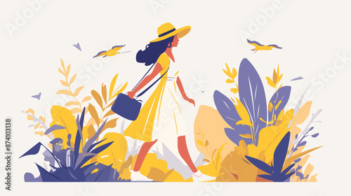 Hot weather. Sunny summer day woman walks.