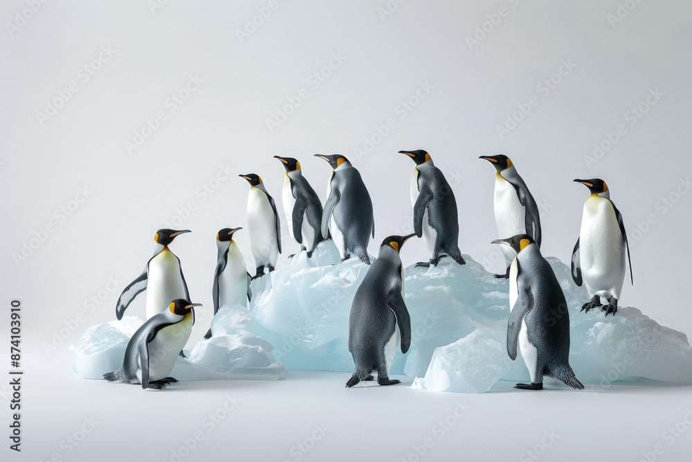 Obraz premium Majestic king penguins stand gracefully on melting icebergs, highlighting the impact of climate change on antarctica's fragile ecosystem