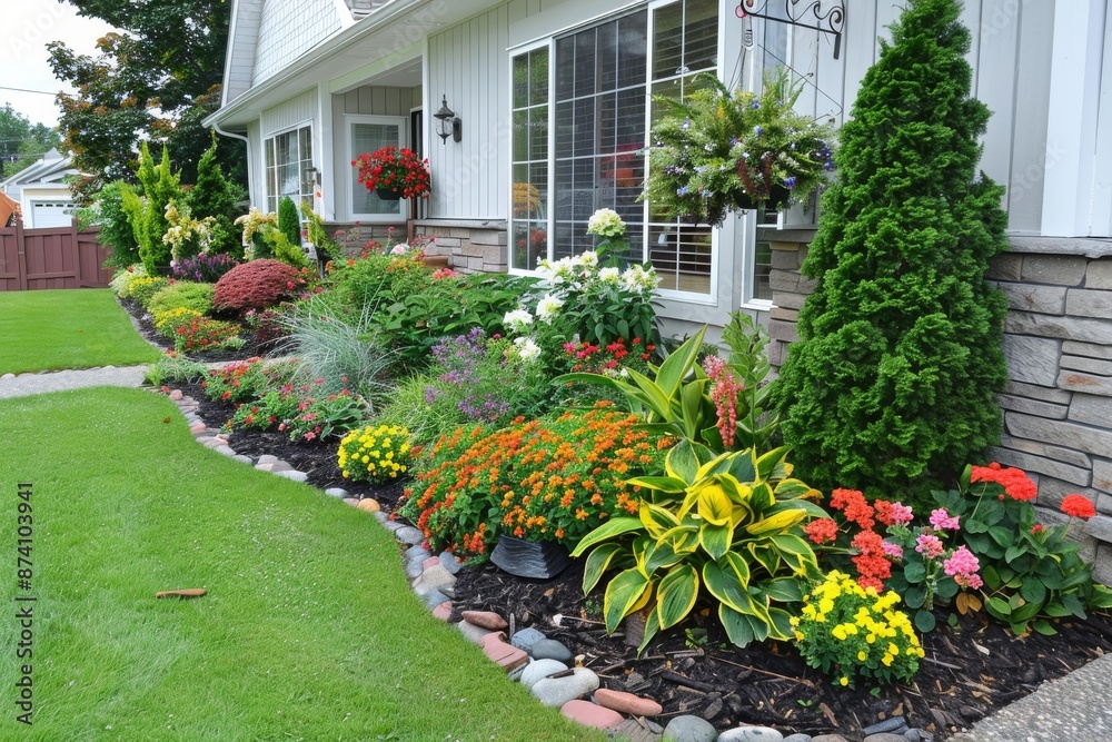 Naklejka premium Charming home garden with blooming flowers and green lawn, captured under bright daylight, creating a colorful and inviting landscape