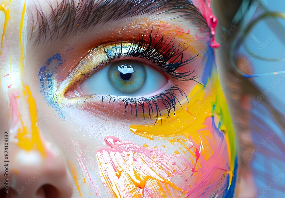 Close up of face with colorful paint strokes on it, with colorful eye makeu Close up of face with colorful paint strokes on it, with colorful eye makeu