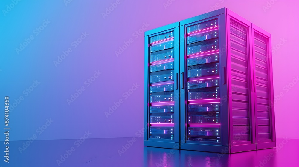 Modern server rack illuminated with blue and pink neon lights, representing data technology and digital information storage.
