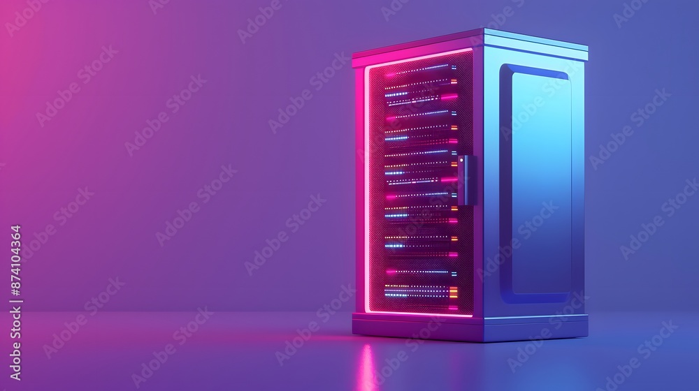 Modern server rack illuminated with vibrant neon lights, showcasing advanced technology in a data center environment.