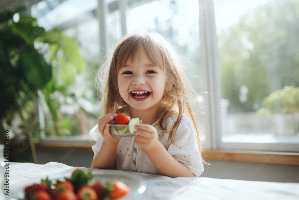 Fototapeta premium Strawberry eating child happy.