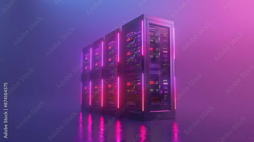 Modern server rack with colorful LED lights in a foggy, neon-lit environment, showcasing advanced technology and data storage solutions. Modern server rack with colorful LED lights in a foggy, neon-lit environment, showcasing advanced technology and data storage solutions.