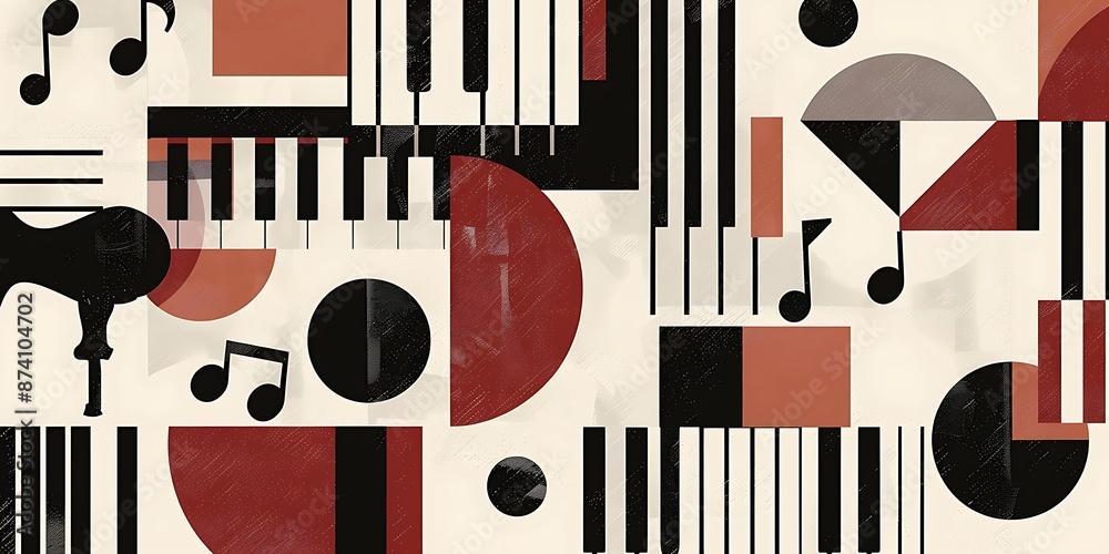 A retro poster with bold geometric shapes and contrasting colors, such as circles, squares and lines forming patterns resembling musical instruments A retro poster with bold geometric shapes and contrasting colors, such as circles, squares and lines forming patterns resembling musical instruments