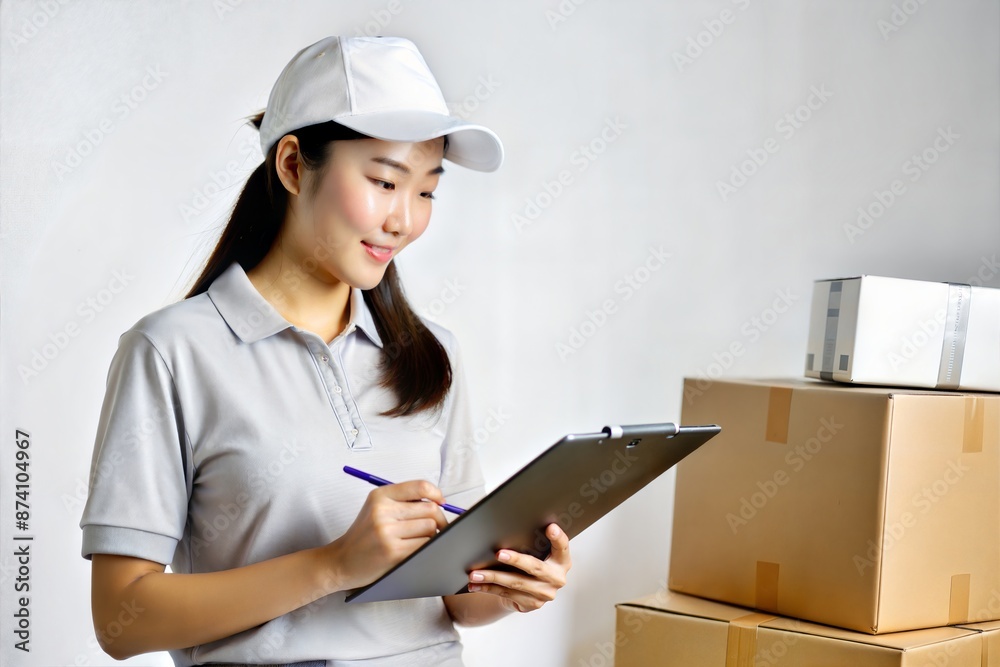 Asian Woman Checking Delivery Details on Clipboard
Asian Woman Checking Delivery Details on Clipboard