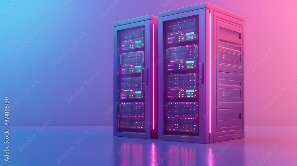 Modern server racks in a data center, illuminated with blue and pink lights, showcasing advanced technology and computing power. Modern server racks in a data center, illuminated with blue and pink lights, showcasing advanced technology and computing power.
