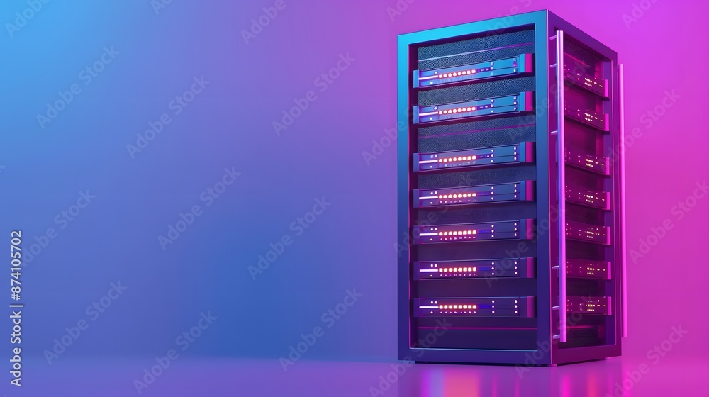 Modern server room with illuminated server rack on a colorful gradient background, representing technology, data storage, and networking. Modern server room with illuminated server rack on a colorful gradient background, representing technology, data storage, and networking.