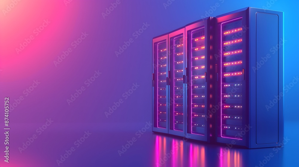 Modern server room with illuminated server racks in vibrant colors, representing advanced data storage and technology infrastructure. Modern server room with illuminated server racks in vibrant colors, representing advanced data storage and technology infrastructure.
