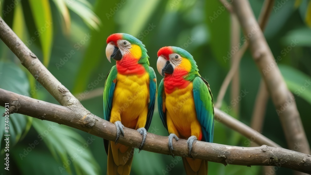 A vibrant image of a pair of brightly colored parrots perched on a tree branch, showcasing their striking plumage. A vibrant image of a pair of brightly colored parrots perched on a tree branch, showcasing their striking plumage.