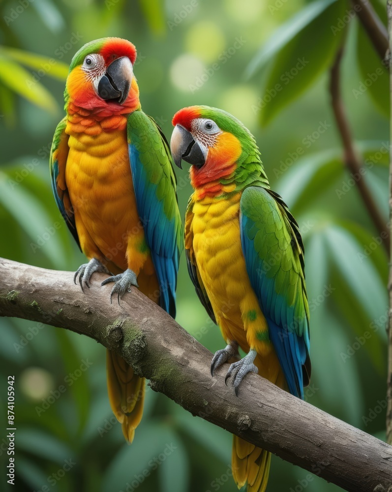A vibrant image of a pair of brightly colored parrots perched on a tree branch, showcasing their striking plumage. A vibrant image of a pair of brightly colored parrots perched on a tree branch, showcasing their striking plumage.