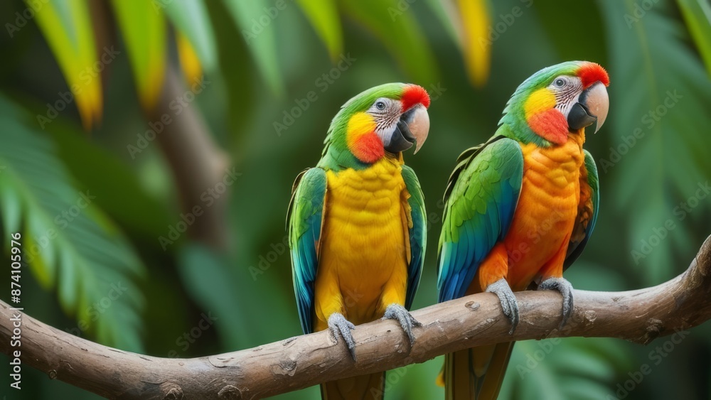 A vibrant image of a pair of brightly colored parrots perched on a tree branch, showcasing their striking plumage. A vibrant image of a pair of brightly colored parrots perched on a tree branch, showcasing their striking plumage.
