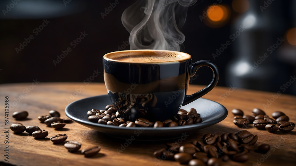 Black Coffee Cup with Saucer and Roasted Coffee Beans on Rustic Wooden Table Black Coffee Cup with Saucer and Roasted Coffee Beans on Rustic Wooden Table