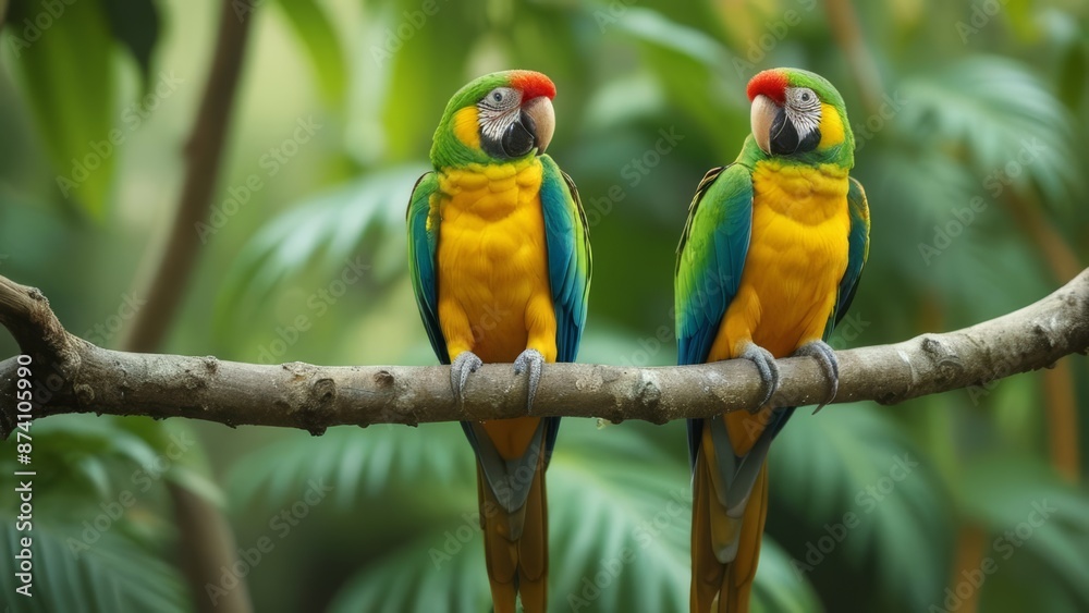 A vibrant image of a pair of brightly colored parrots perched on a tree branch, showcasing their striking plumage. A vibrant image of a pair of brightly colored parrots perched on a tree branch, showcasing their striking plumage.