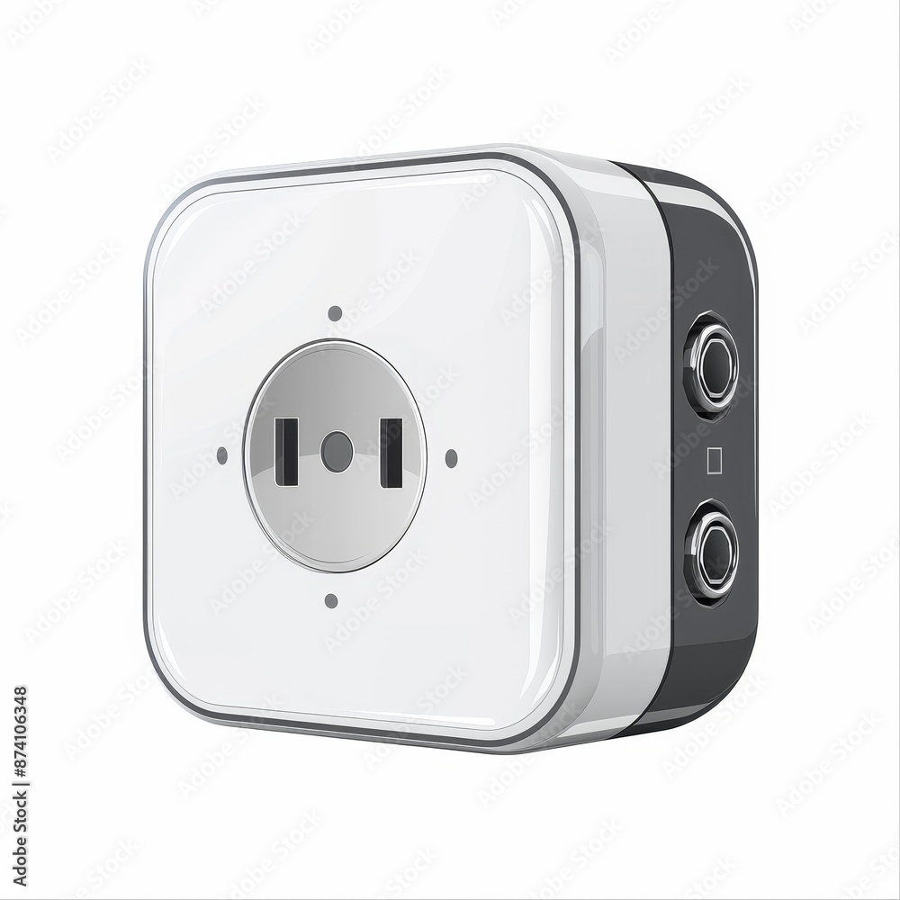 White and grey smart home device with two ports on the side.