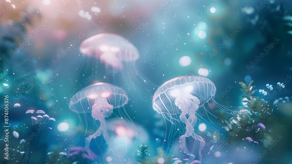 Surreal Underwater Realm of Ethereal Glowing Jellyfish and Bioluminescent Plankton Surreal Underwater Realm of Ethereal Glowing Jellyfish and Bioluminescent Plankton