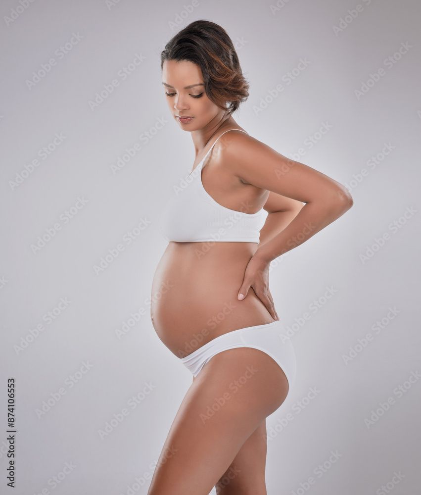 Woman, pregnant and love on white background with thinking for child wellness, mama with hope for future. Female person, planning and studio with wondering for pregnancy, baby health or wellbeing Woman, pregnant and love on white background with thinking for child wellness, mama with hope for future. Female person, planning and studio with wondering for pregnancy, baby health or wellbeing