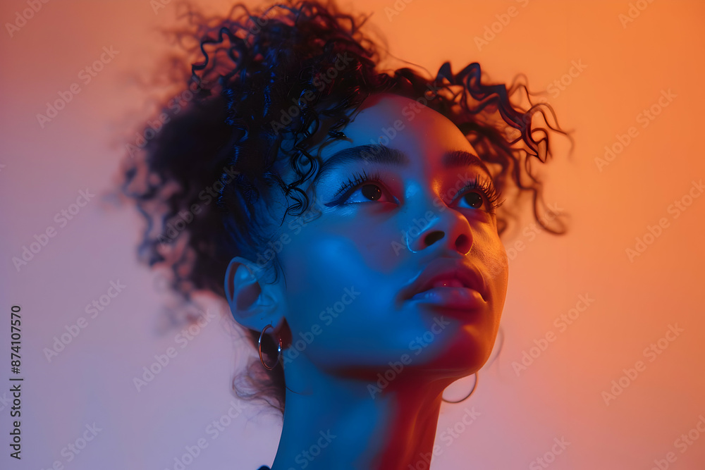 Woman with Curly Hair Looking Up in Neon Lights - Portrait Photography Woman with Curly Hair Looking Up in Neon Lights - Portrait Photography