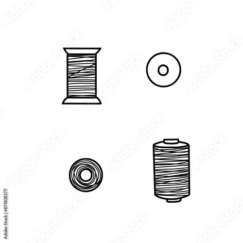 Set of sewing threads spools top and side view. Hand drawn Vector illustration of Skeins for Sewing. Spools for seamstress in doodle style, isolated on white background.