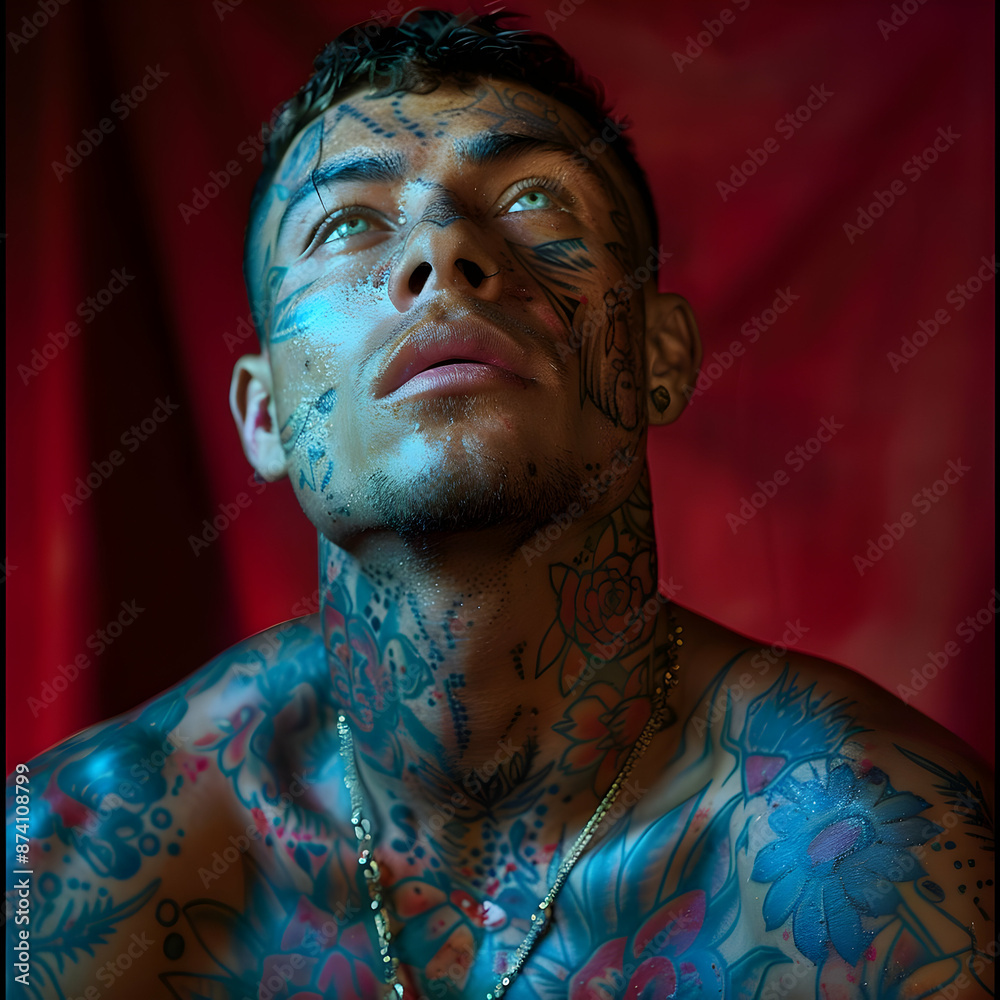 Man with Blue and Red Tattoos, Portrait Photo Man with Blue and Red Tattoos, Portrait Photo