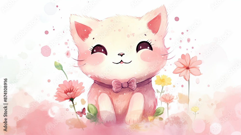 A cute pink cat holding flowers A cute pink cat holding flowers