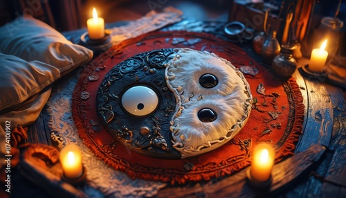 Yin Yang Symbol with Candles on Wooden Table.