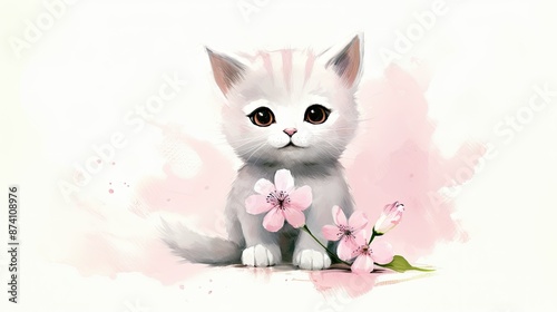 Cute kawaii cat holding a pink flower © NAK