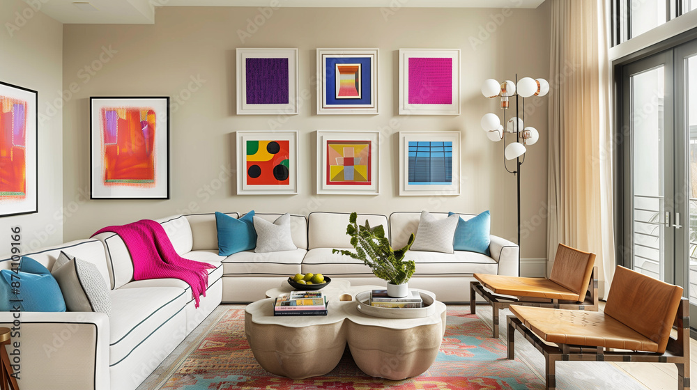 Fototapeta premium Contemporary living room showcasing a gallery wall with vibrant art, neutral-toned furniture, and a chic coffee table.